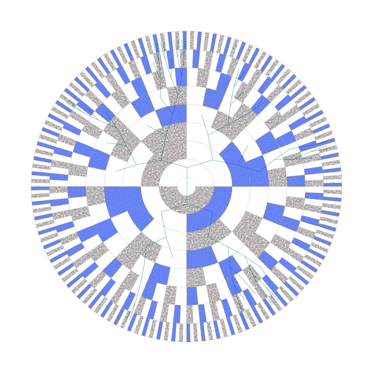 Circular geometric data visualisation in grey with blue radial sectors
