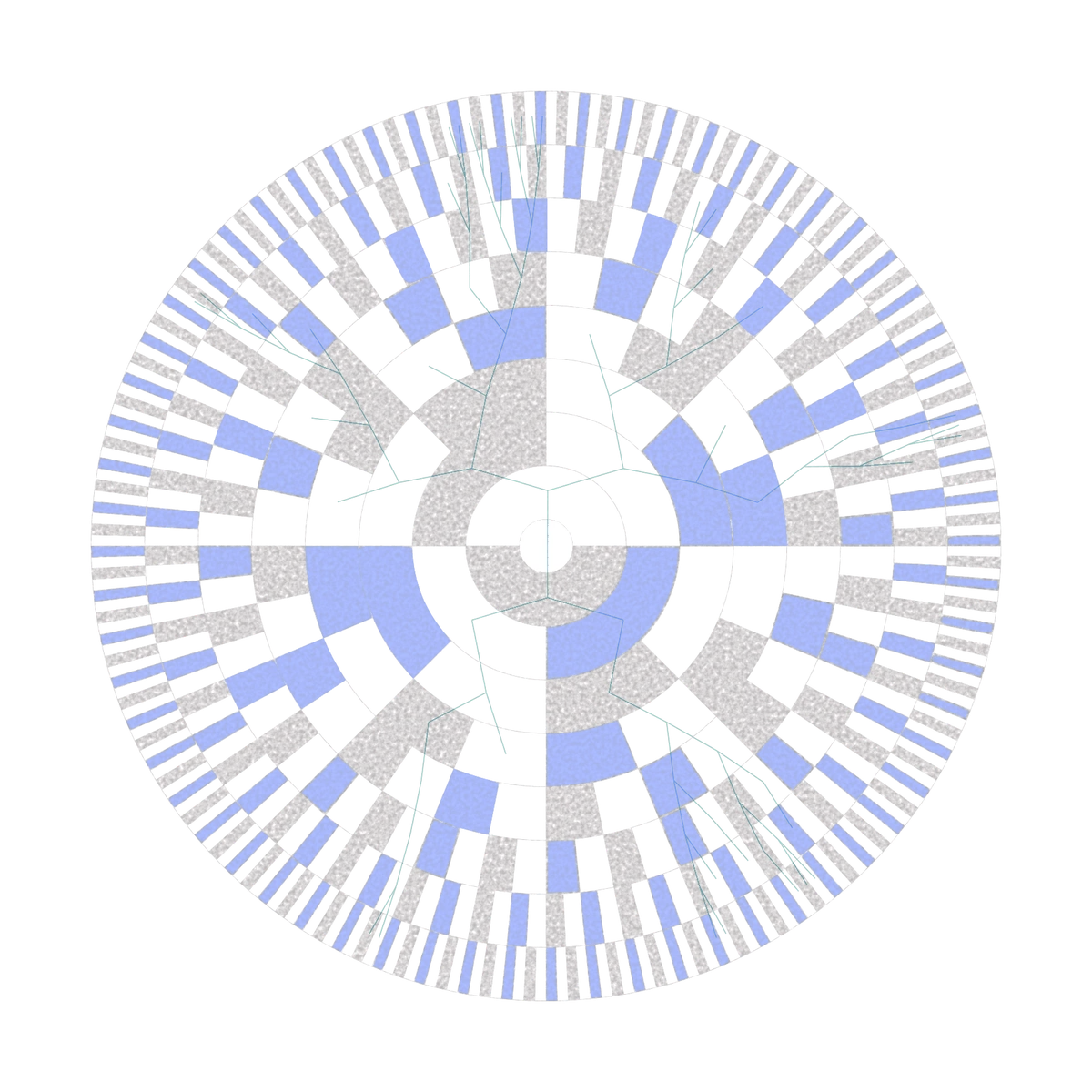Circular geometric data visualisation: concentric rings and radial sectors in grey with a branching network of blue lines across them